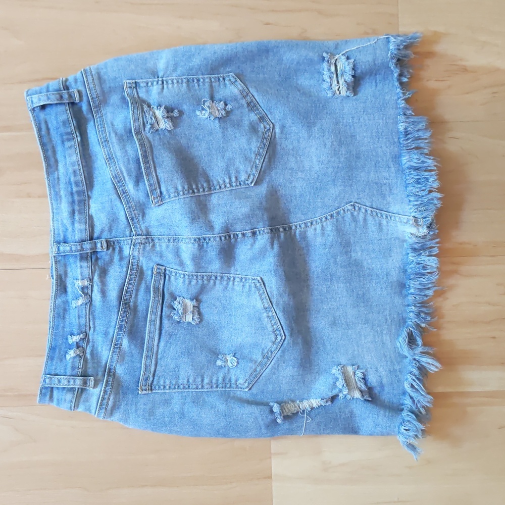 Stretchy Denim Jean Mini Skirt, Distressed, S/ M, Fringed Fitted Stretch Cotton - Picture 10 of 12